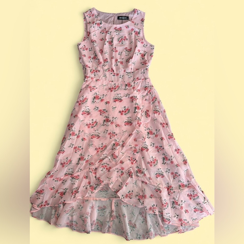Allegra K Pink Floral Sleeveless Midi Dress XS | Smocked Waist - New With Tags - Picture 8 of 10